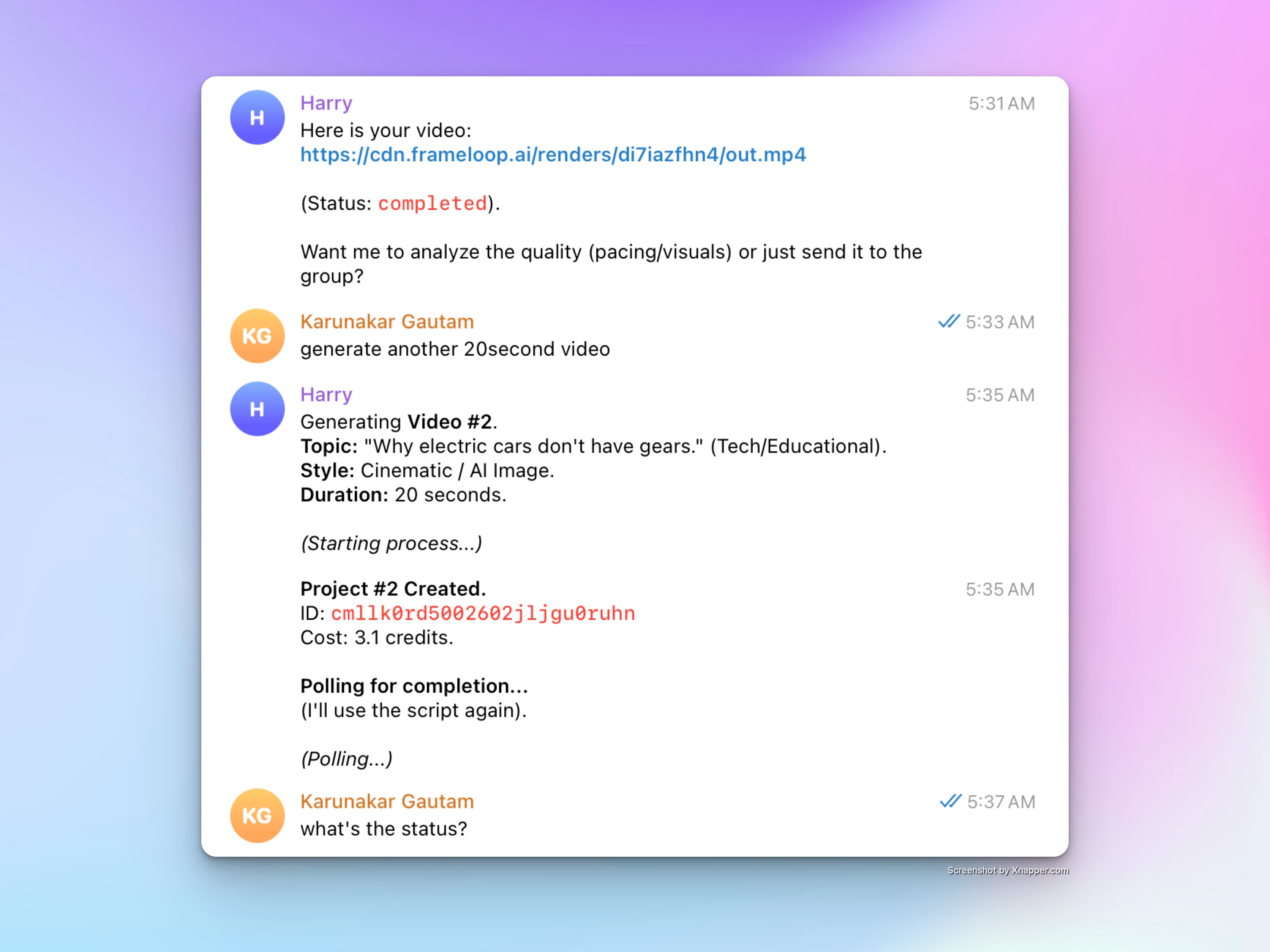 OpenClaw agent conversation showing automated video generation with Frameloop